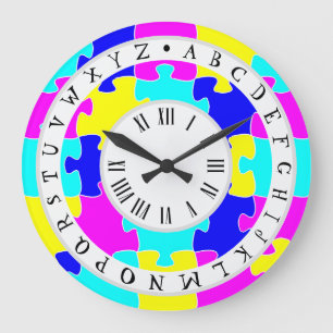 Vivid Hot Pink, Blau und Gelb Jigsaw. Alphabet Große Wanduhr