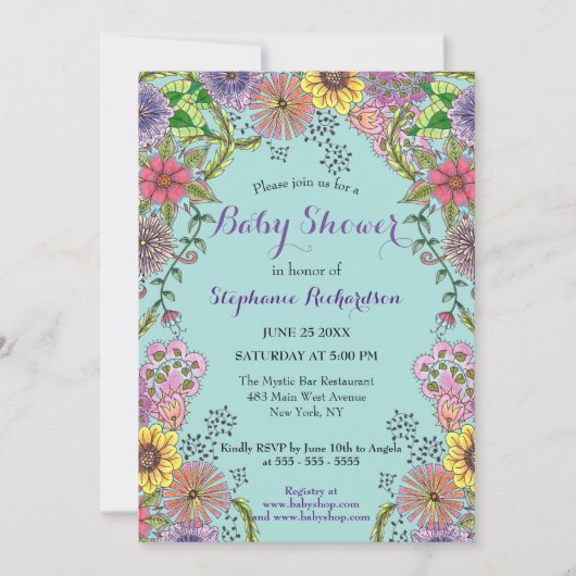 Vivid Intricate Spring Doodle Blume Babydusche Einladung (Vorderseite)