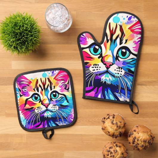 Vivid Kitty Vibes Design Ofenhandschuh & Topflappen-Set (Oben Unten)