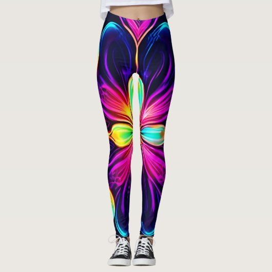 Vivid Neon Floral Mandala Art Leggings (Vorderseite)