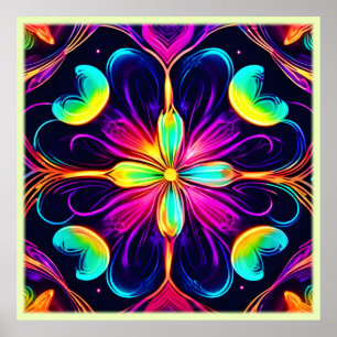 Vivid Neon Floral Mandala Art Poster