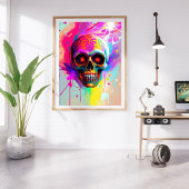 Vivid Neon Sugar Skull mit Abstraktem Paint Splash Fotodruck