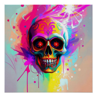 Vivid Neon Sugar Skull mit Abstraktem Paint Splash Poster