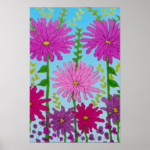 Vivid Pink Blume Zeichnend auf Blue Poster