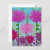 Vivid Pink Blume Zeichnend auf Blue Postkarte (Vorne/Hinten)