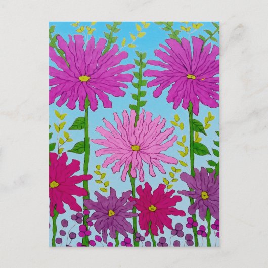 Vivid Pink Blume Zeichnend auf Blue Postkarte (Vorderseite)