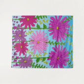 Vivid Pink Blume Zeichnend auf Blue Wandteppich (Vorderseite (Horizontal))