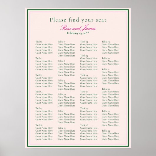 Vivid Pink Wedding Seating Chart Poster (Vorne)