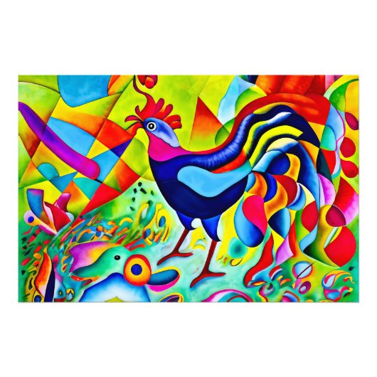 "Vivid Plumage". Ein surreal farbenfroher Hahn Fotodruck (Vorne)