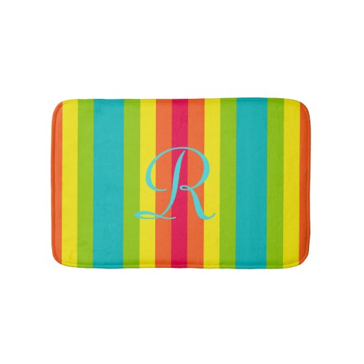 Vivid Rainbow Striped Aqua Monogram Plush Badematte (Vorderseite)