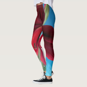 Vivid red Amaryllis Blume, blauer Hintergrund WOW Leggings