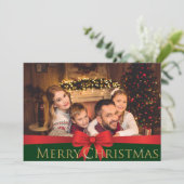 Vivid Red Bow Golden Frohe Weihnachten Foto (Stehend Vorderseite)