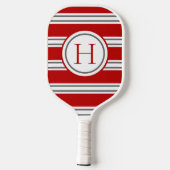 Vivid Red & Grey Modern Striped Monogram Pickleball Schläger (Rückseite)