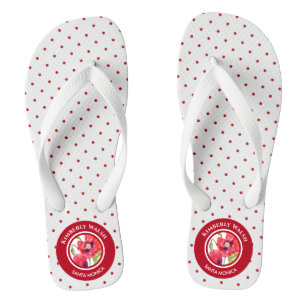 Vivid Red Poppies floral Circle Polka Dots Badesandalen