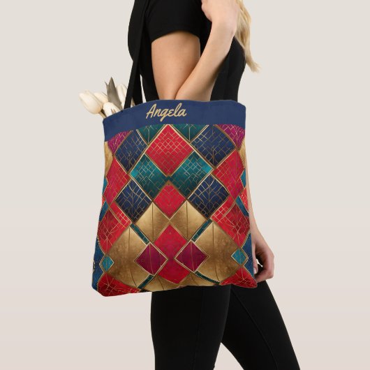 Vivid Red und Gold Textured Geometric Shapes Tasche (Von Nahem)
