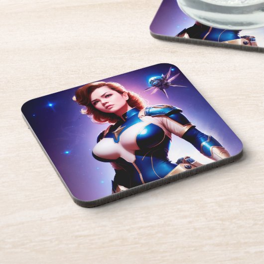 Vivid Retro 50's Female Sci Fi Space Ranger Getränkeuntersetzer (Linke Seite)