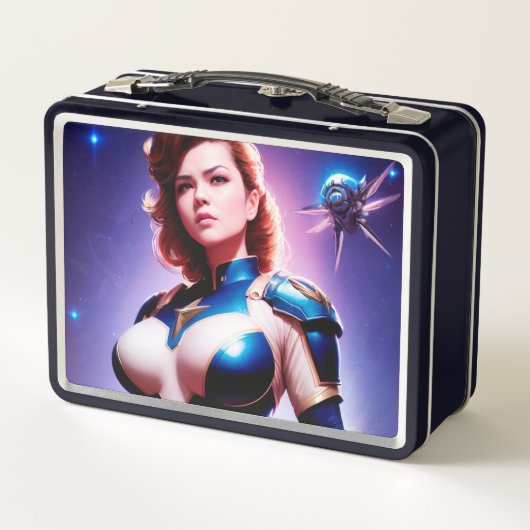 Vivid Retro 50's Female Sci Fi Space Ranger Metall Brotdose (Rückseite)