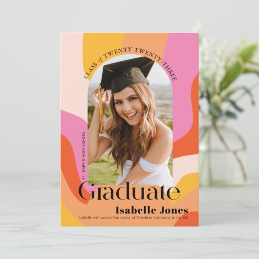 Vivid Retro Color Arch Foto Abschluss Einladung (Stehend Vorderseite)