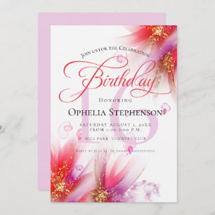 Vivid Scarlet Lilac Abstrakt Floral Geburtstag Einladung