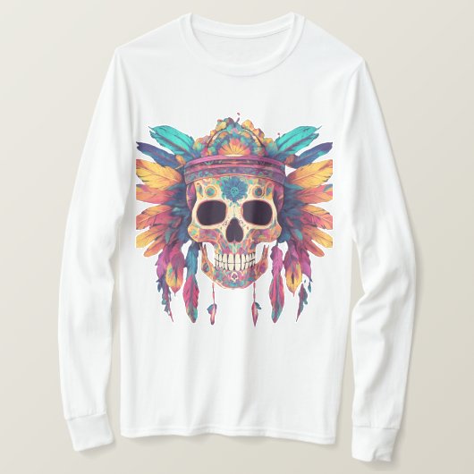 Vivid Skull & Feathers: Psychedelic Digital Art T T-Shirt (Design vorne)