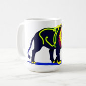 Vivide Neon Lion Illustration mit pulsierender Mag Kaffeetasse (Vorderseite Links)