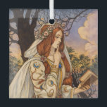 Vivien – Art Nouveau Enchantress Illustration Ornament Aus Glas<br><div class="desc">Inspired by Arthurian legend, this Art Nouveau–style illustration depicts Vivien (Nimue), the enigmatic enchantress known for her beauty, intelligence, and magical cunning. Holding a book of spells and framed by stylized woodland forms, Vivien embodies the mysterious and seductive power of mythic storytelling. This richly detailed vintage-inspired artwork features flowing drapery,...</div>