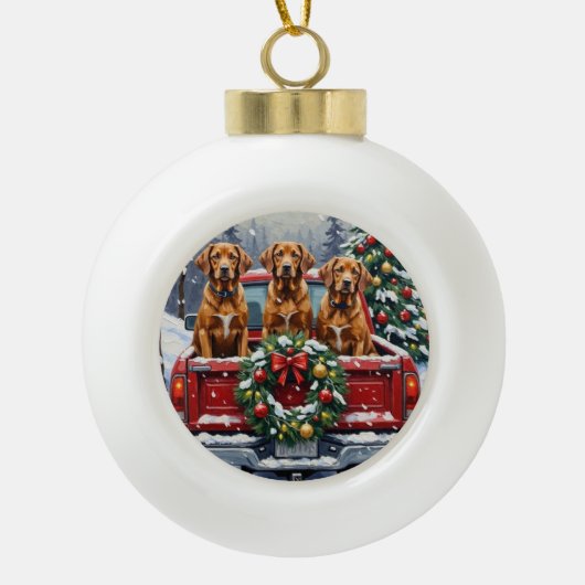 Vizsla Christmas Red Truck Holiday Keramik Kugel-Ornament (Vorderseite)