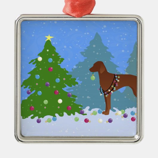 Vizsla Dekorieren eines Weihnachtsbaumes im Wald Silbernes Ornament (Vorne)