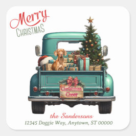 Vizsla Dog Retro Truck Weihnachten Quadratischer Aufkleber