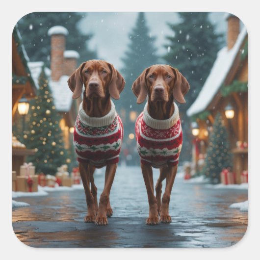 Vizsla Dogs Christmas Snow Holiday Quadratischer Aufkleber (Vorderseite)