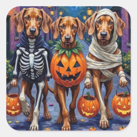 Vizsla Dogs Trick-or-Treating in Halloween-Kostüm Quadratischer Aufkleber (Vorderseite)