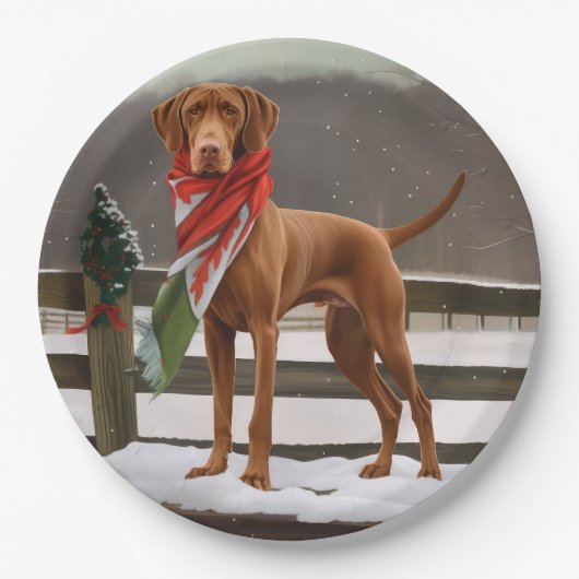 Vizsla Hund in Schnee Weihnachten Pappteller (Vorderseite)