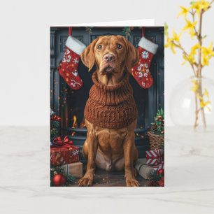 Vizsla Hund mit Weihnachtsgeschenken Feuerplatz Karte