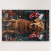 Vizsla Hund mit Weihnachtsgeschenken Feuerplatz Puzzle (Horizontal)