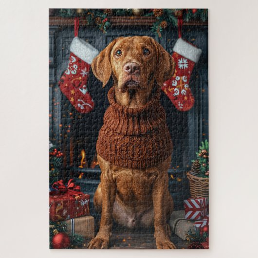 Vizsla Hund mit Weihnachtsgeschenken Feuerplatz Puzzle (Vertikal)