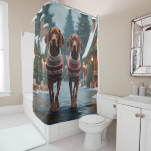 Vizsla Hunde Weihnachten Schnee Urlaub Duschvorhang