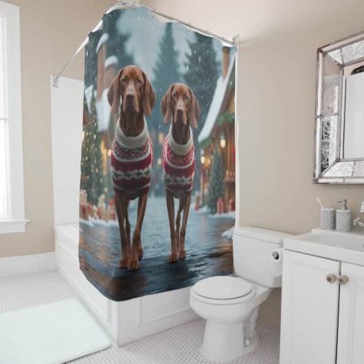 Vizsla Hunde Weihnachten Schnee Urlaub Duschvorhang (Beispiel)