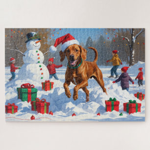 Vizsla läuft im Schnee mit Weihnachtsmütze Puzzle
