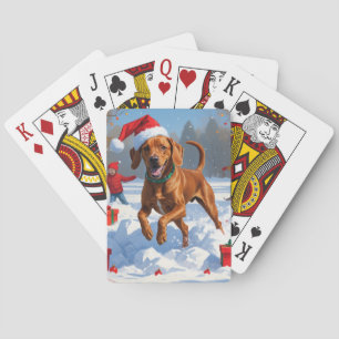 Vizsla läuft im Schnee mit Weihnachtsmütze Spielkarten