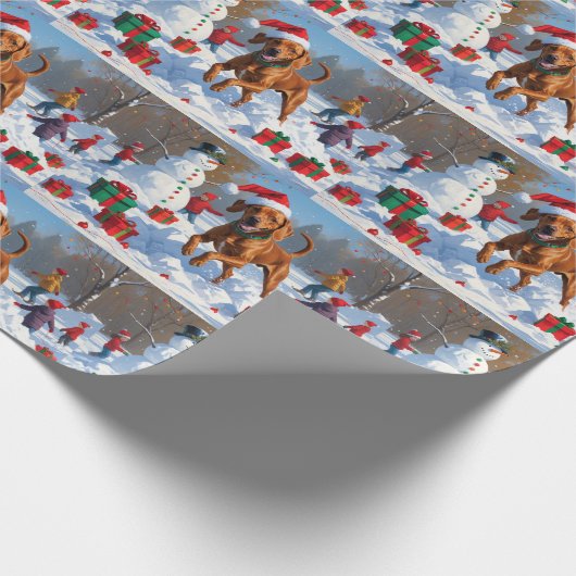 Vizsla läuft in Snow mit Weihnachtshut Geschenkpapier (Ecke)