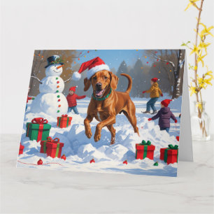 Vizsla läuft in Snow mit Weihnachtshut Karte