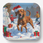 Vizsla läuft in Snow mit Weihnachtshut Pappteller (Vorderseite)