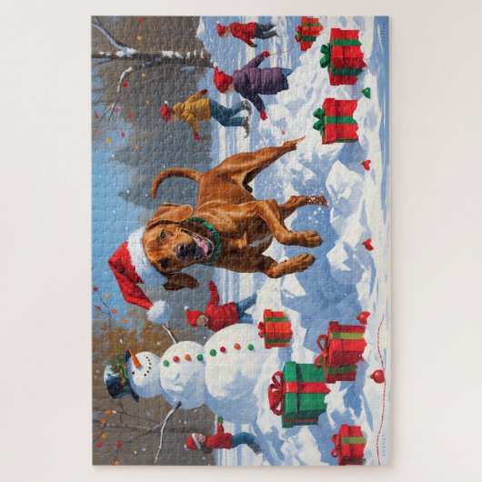 Vizsla läuft in Snow mit Weihnachtshut Puzzle (Vertikal)