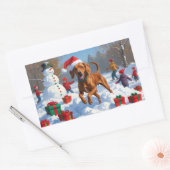 Vizsla läuft in Snow mit Weihnachtshut Rechteckiger Aufkleber (Umschlag)