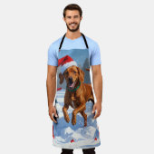 Vizsla läuft in Snow mit Weihnachtshut Schürze (Getragen)