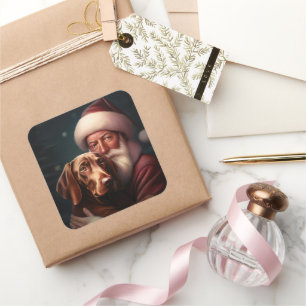 Vizsla mit Santa Claus Festliches Weihnachten Quadratischer Aufkleber