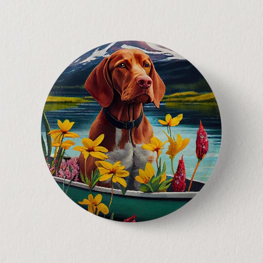 Vizsla on a Paddle: Ein Landschaftliches Abenteuer Button (Vorderseite)