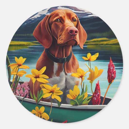 Vizsla on a Paddle: Ein Landschaftliches Abenteuer Runder Aufkleber (Vorderseite)