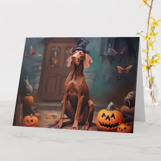 Vizsla Pumpkins Halloween Beängstigend Karte (Gelbe Blume)