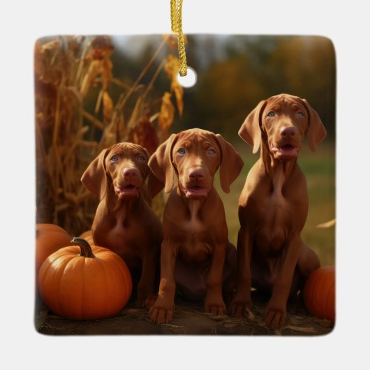 Vizsla Puppy Autumn Delight Pumpkin Keramikornament (Vorderseite)